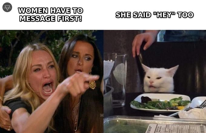 Woman yelling at cat meme showing Bumble promoting women messaging first while the cat points out they also just send hey