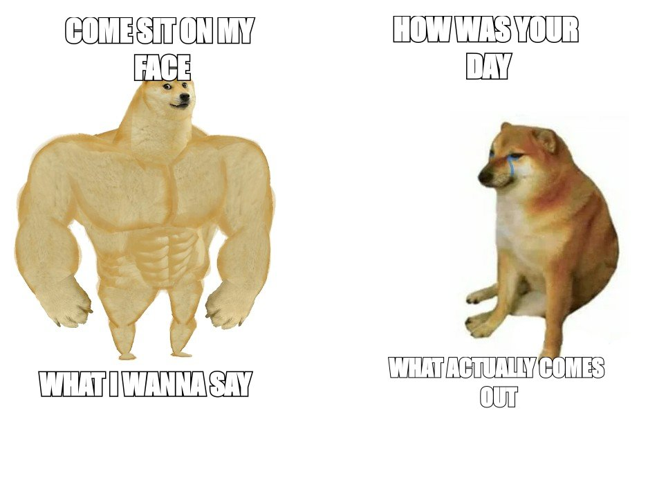 Buff doge versus cheems meme: 'come sit on my face' is what I wanna say, 'how was your day' is what actually comes out