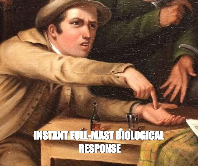 Angry man pointing at hand meme: 'instant full-mast biological response'