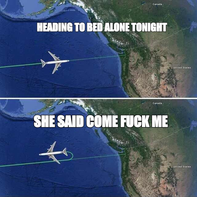 Aeroplane reversing meme: 'heading to bed alone tonight' turning back for 'she said come fuck me'