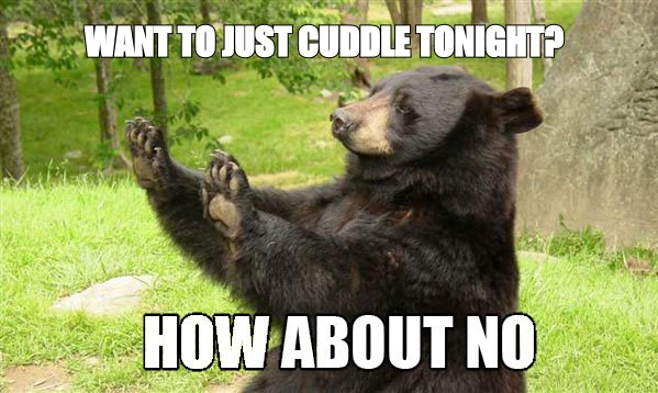 How about no bear meme: 'want to just cuddle tonight?' answered with 'how about no'