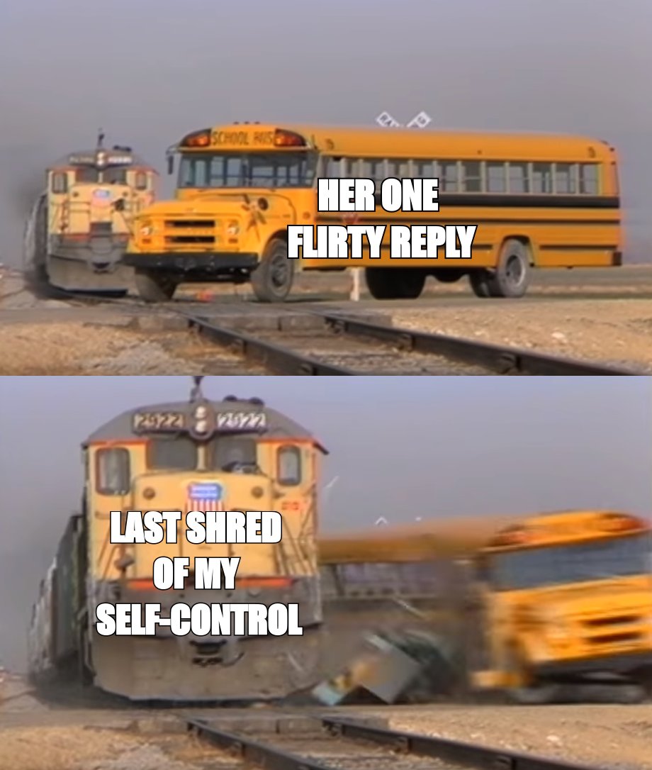 A train hitting a school bus meme: 'her one flirty reply' as the bus, 'last shred of my self-control' as the train