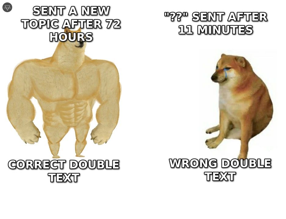 Buff doge representing a correct double text with a new topic after 72 hours versus small cheems sending question marks after 11 minutes