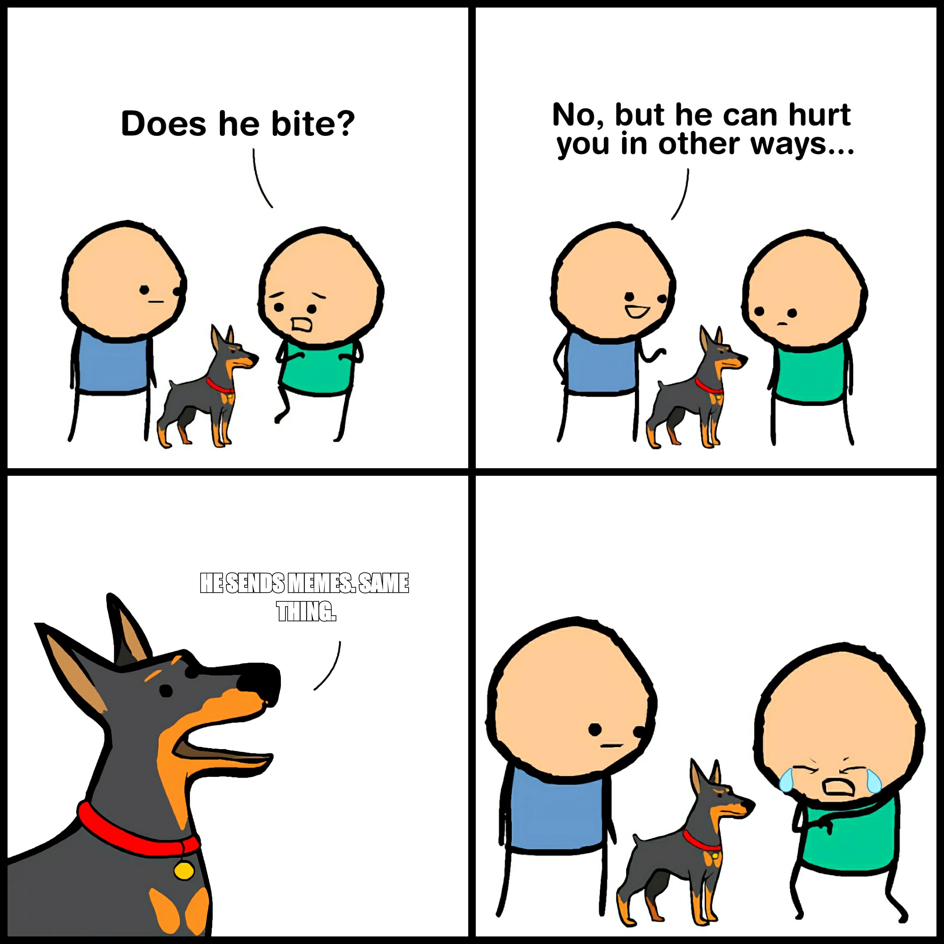 Cyanide and Happiness meme: 'he sends memes, same thing'