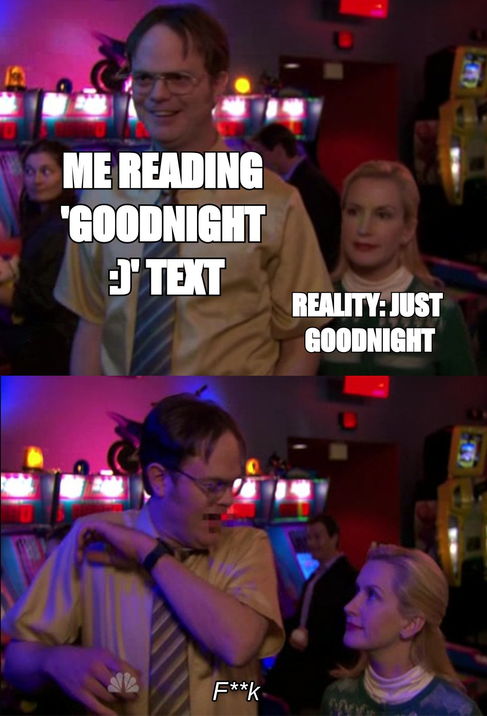 Angela scared Dwight meme: 'me reading 'goodnight :)' text' versus 'reality: just goodnight'
