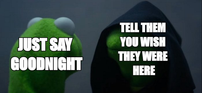 Evil Kermit meme: 'just say goodnight' versus 'tell them you wish they were here'