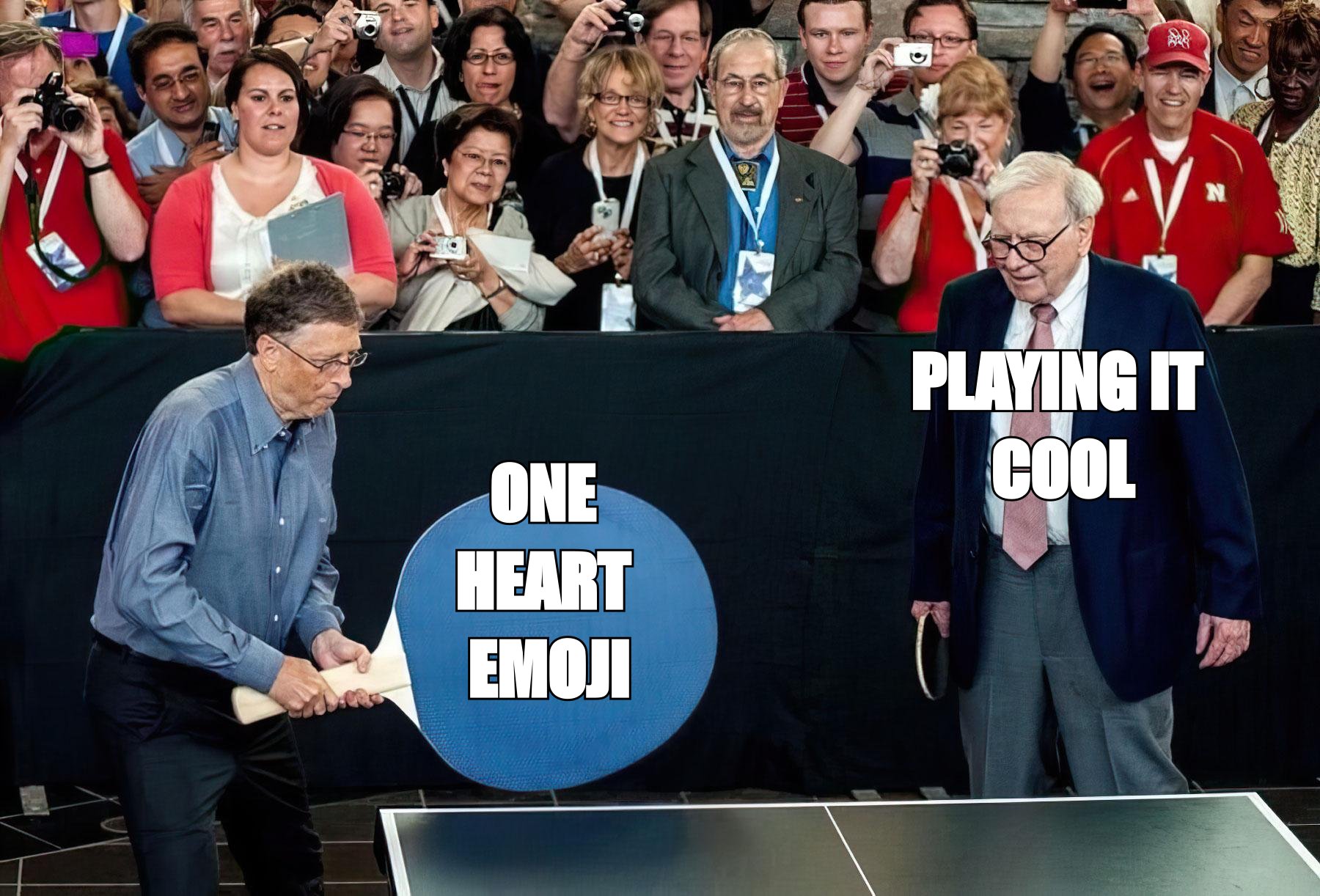 Bill Gates giant ping pong paddle meme: 'playing it cool' versus the giant paddle of 'one heart emoji'