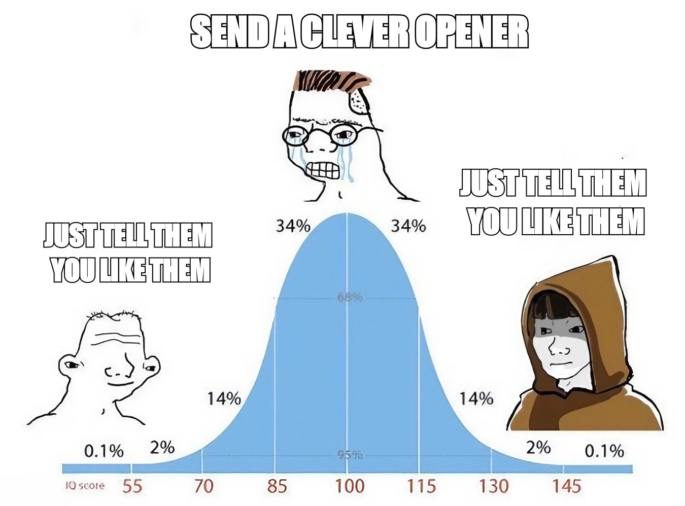 Bell curve meme: 'just tell them you like them' at both ends, 'send a clever opener' in the middle