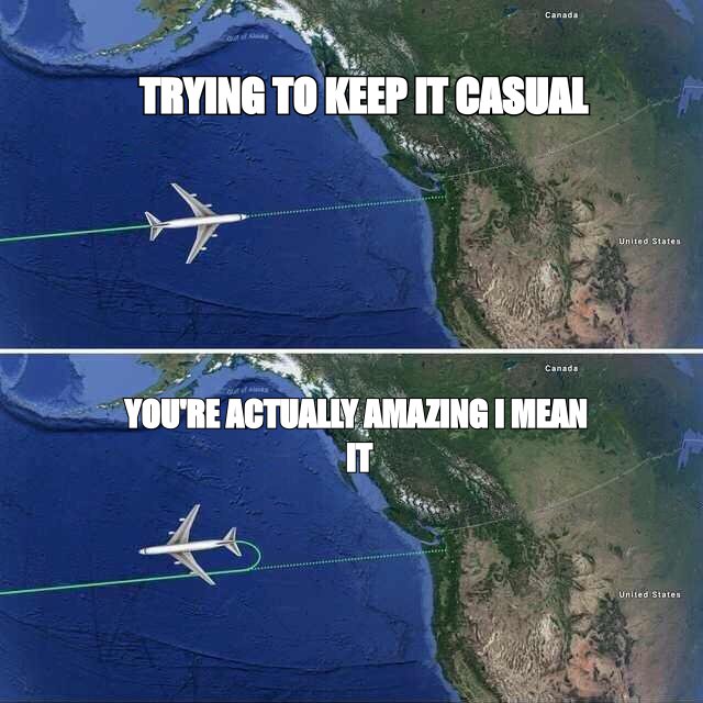 Aeroplane reversing meme: 'trying to keep it casual' then 'you're actually amazing and I mean it'
