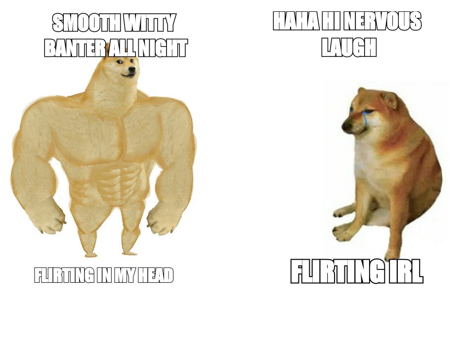 Buff Doge vs Cheems meme: 'smooth witty banter' in my head versus 'haha hi' flirting in real life