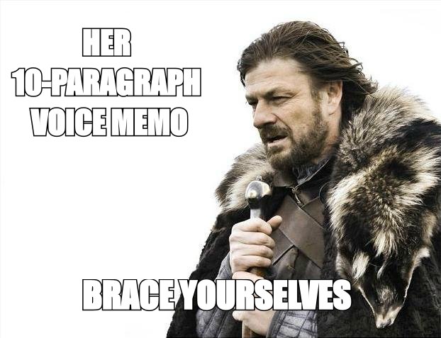 Brace yourselves meme: 'her 10-paragraph voice memo'