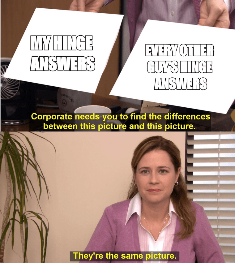 Meme: my Hinge answers and every other guy's Hinge answers are the same picture