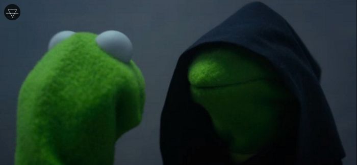 Evil Kermit meme showing the temptation to send an absurdist bit about a raccoon empire instead of responding normally in DMs