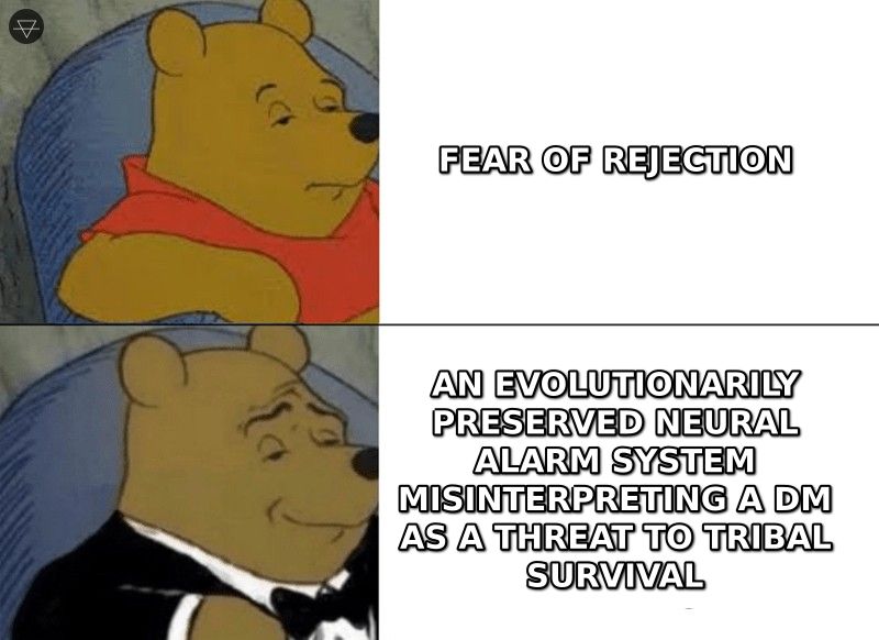 Regular Winnie the Pooh saying fear of rejection versus tuxedo Winnie the Pooh describing it as an evolutionarily preserved neural alarm system misinterpreting a DM as a threat to tribal survival