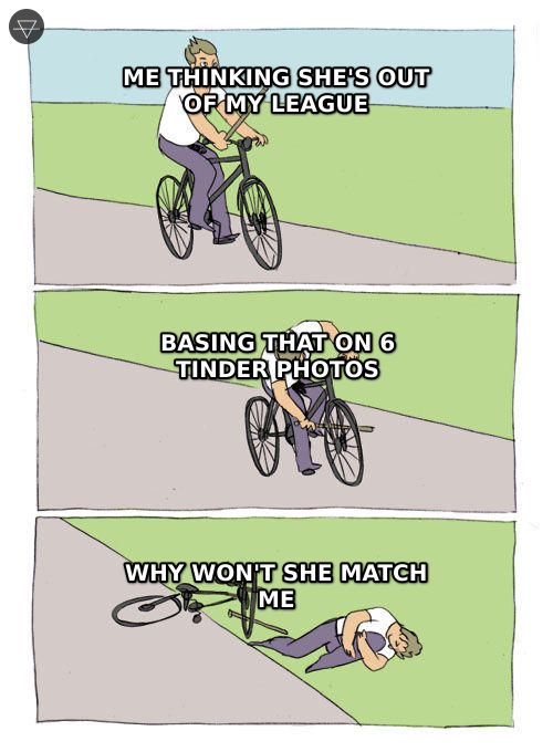 Bike fall meme showing a guy thinking she is out of his league then realizing that judgment was based on six tinder photos and blaming the lack of matches