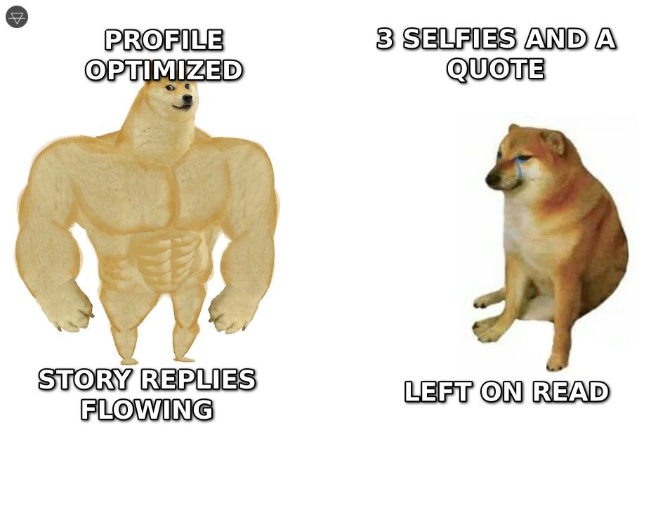 Buff doge versus cheems meme comparing a guy with an optimized profile getting story replies to a guy with three selfies getting left on read