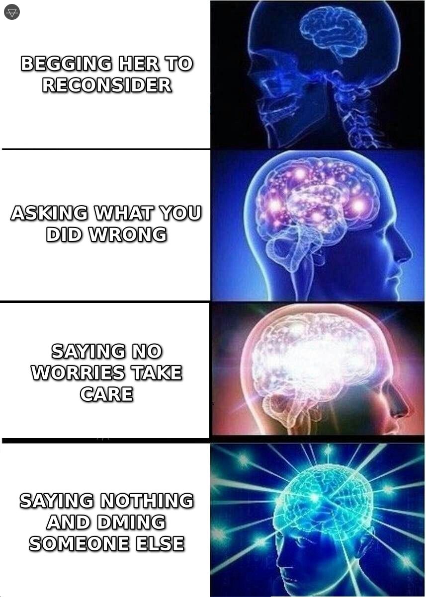 Expanding brain meme showing progression from begging her to reconsider to asking what you did wrong to saying no worries take care to saying nothing and DMing someone else as the biggest brain move