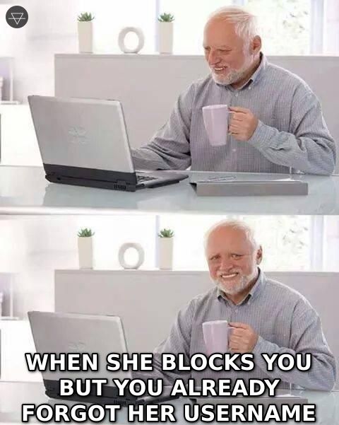 Hide the pain Harold meme smiling through the pain when she blocks you but you already forgot her username because you have an abundance mindset