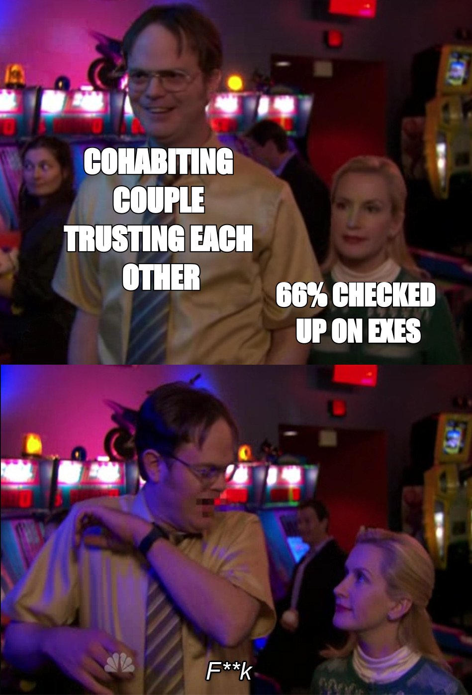 Angela Scared Dwight meme about 66% of cohabiting people have checked up on an ex