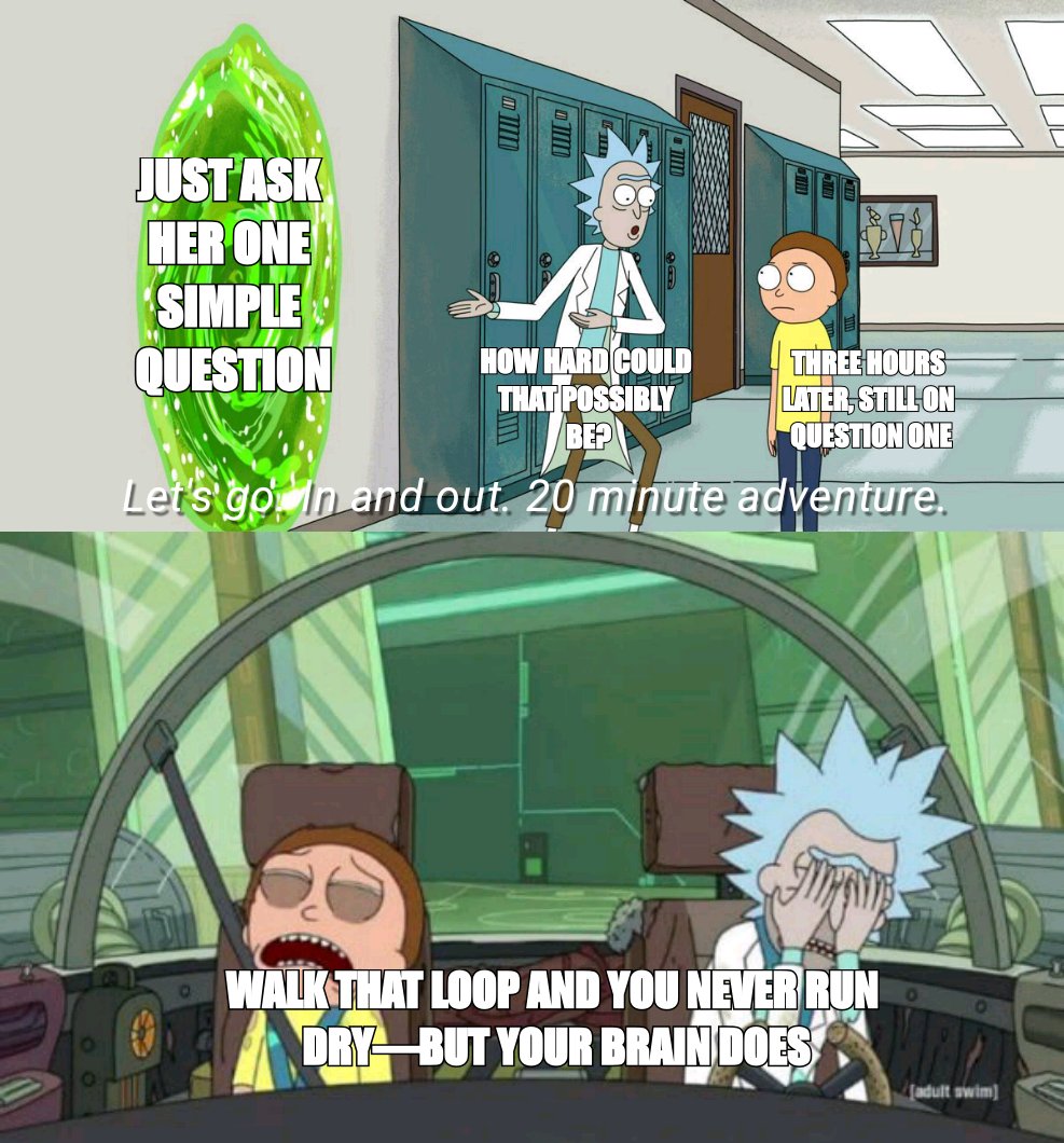 20 Minute Adventure Rick Morty meme about Walk that loop and you can see why you never actually run dry.