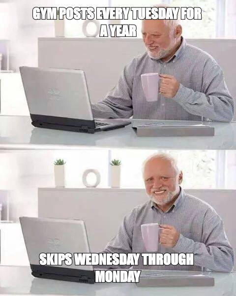 Hide the Pain Harold meme about Gym posts every Tuesday for a year is a fact about her life