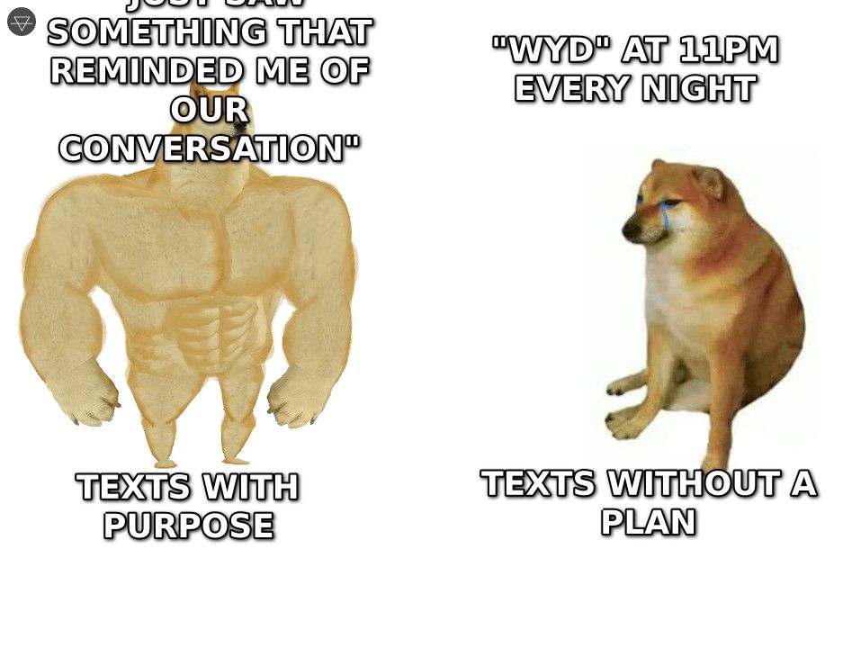 Buff doge representing a guy who texts with purpose versus small cheems sending wyd at 11pm every night with no plan