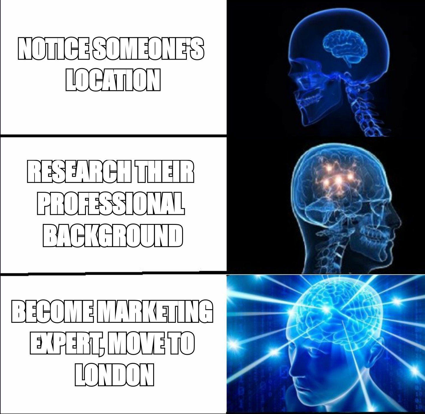 Expanding brain meme escalating from noticing a location to moving to London