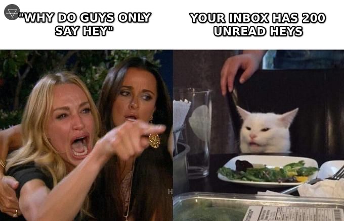Woman yelling at cat meme about women complaining guys only say hey while their inbox proves the point