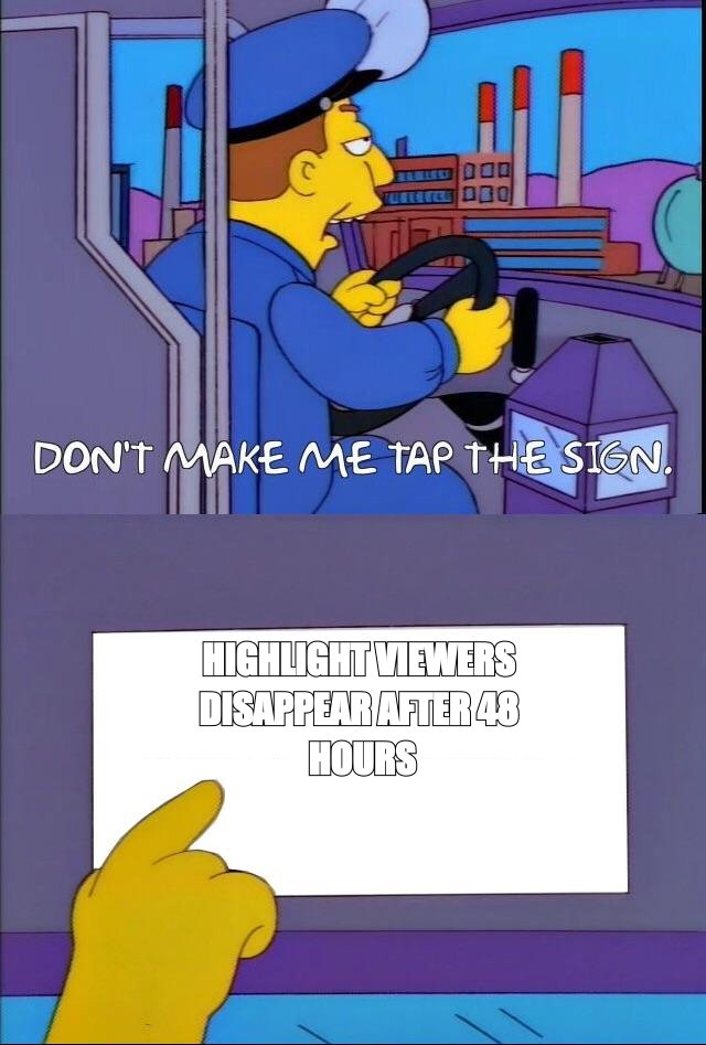 Don't make me tap the sign meme: highlight viewers disappear after 48 hours