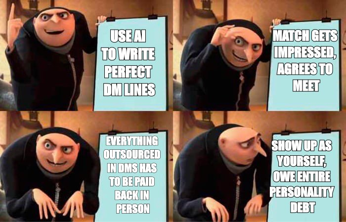 Grus Plan meme about Everything you outsource in the DMs has to be paid back in person