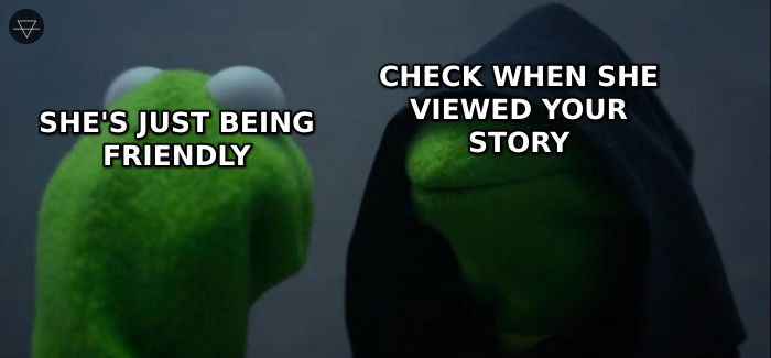 Evil Kermit meme where the good side says she is just being friendly and the dark side says check when she viewed your story