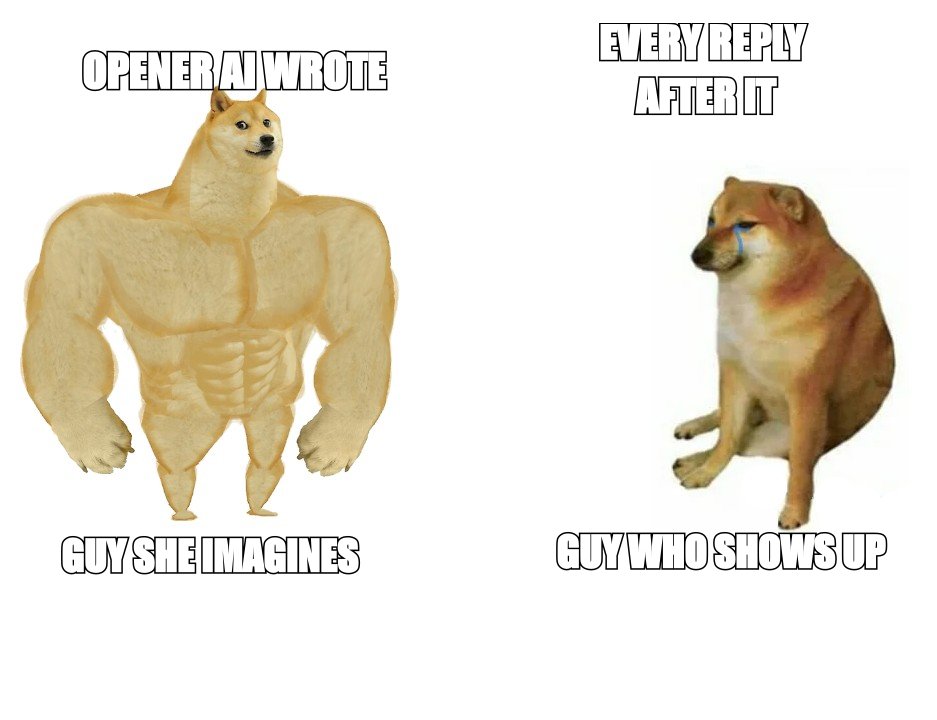 Buff Doge vs Cheems meme: the opener AI wrote versus every reply after it