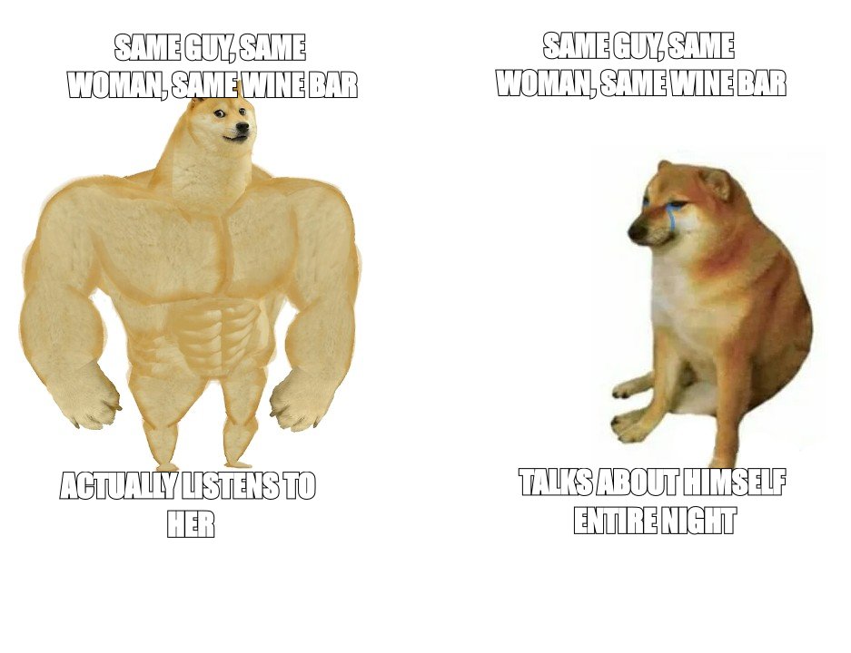 Buff Doge vs Cheems meme about Same guy, same woman, same wine bar. Two versions.