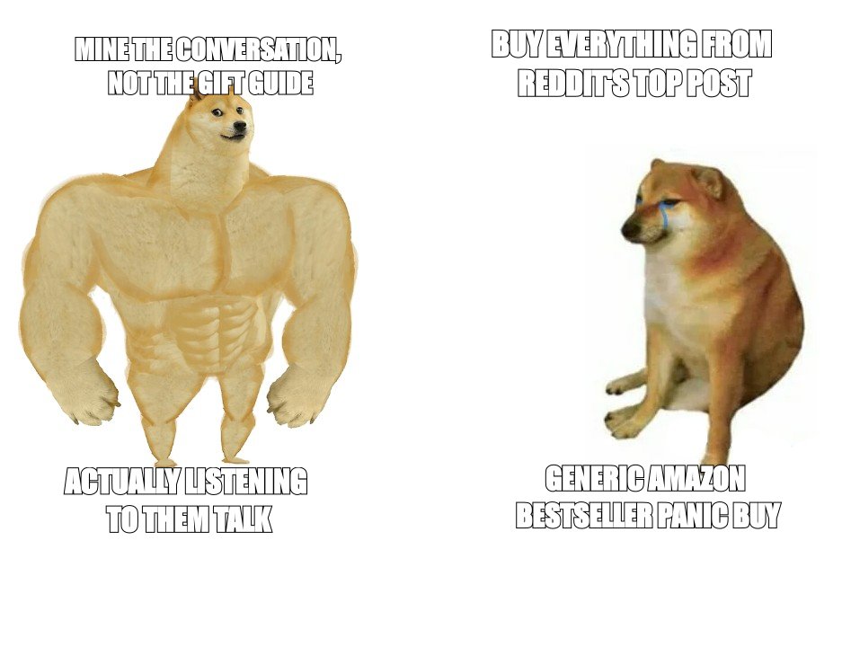 Buff Doge vs Cheems meme about Mine the conversation, not the gift guide