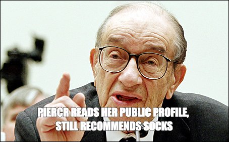 Alan Greenspan meme about Piercr reads her public profile