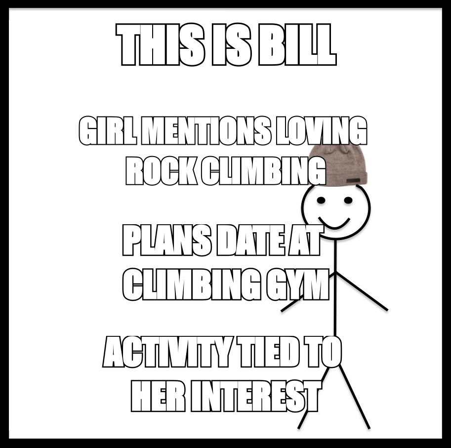 Be Like Bill meme: she mentions loving rock climbing, so Bill plans the date at a climbing gym