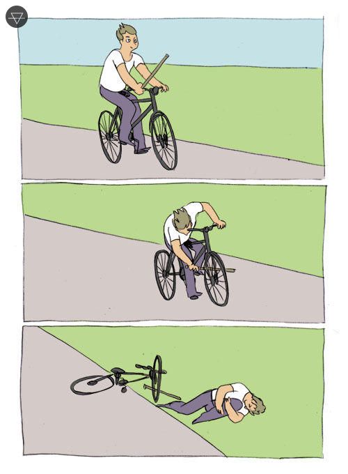 Bike fall meme showing someone building their personality around dating advice TikTok then diagnosing everyone they meet then wondering why nobody is good enough